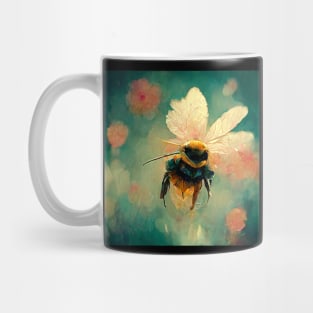 Honey bee close up flying around in the garden on beautiful wings. Mug